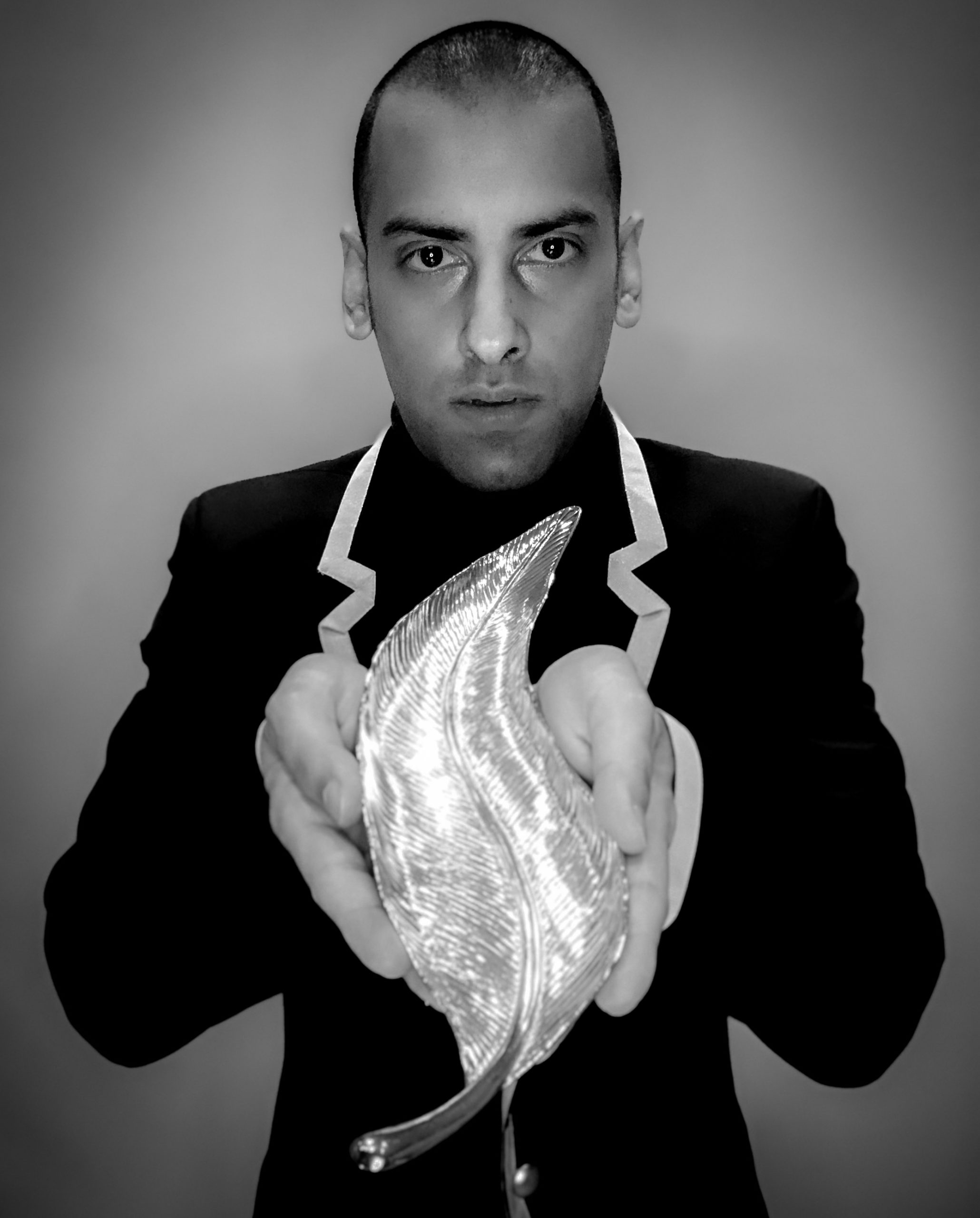 Classy black and white photo, offering a gold leaf decor item