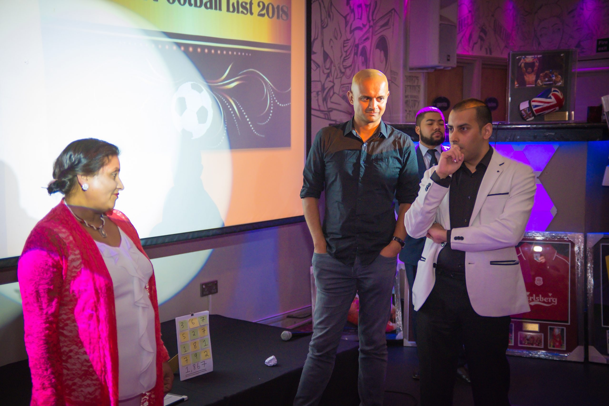 On stage at The Asian Football List’s charity auction, sports and media awards ceremony. Attendees at this event at The Clubhouse in Ruislip included Sky Sports News Reporter and Presenter Dharmesh Sheth