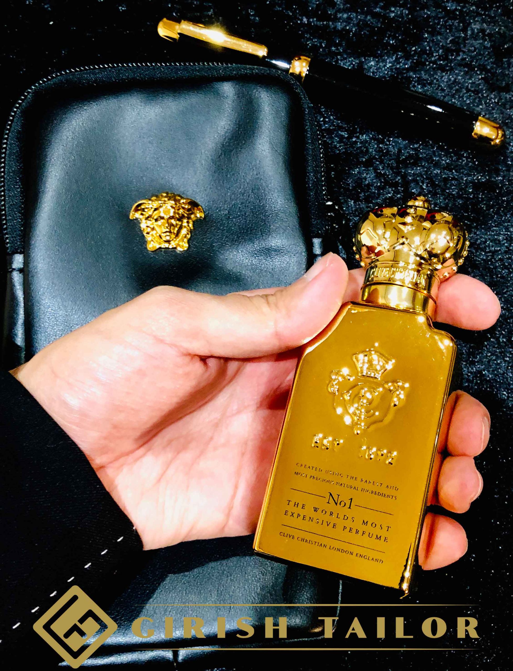 Items I own, which are useful when it comes to performing and feeling great! An elegant black and gold pen holder, Versace blindfold or sleep mask and Clive Christian's No 1 For Men, known as the world's most expensive perfume